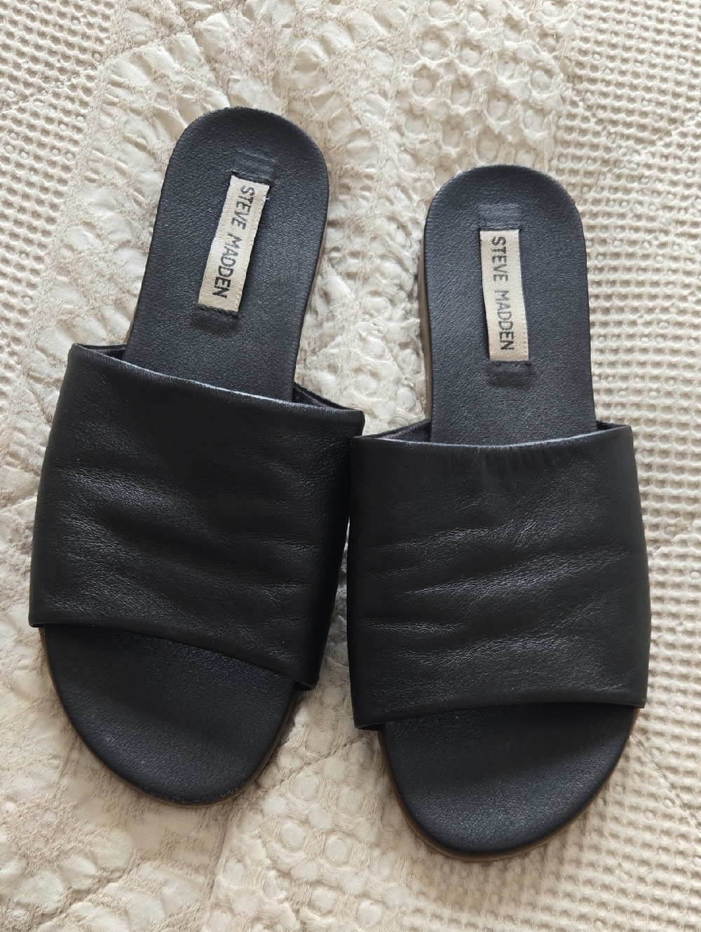 Steve Madden Black Leather Wide Strap Slide Sandals Normcore Classic Size 8